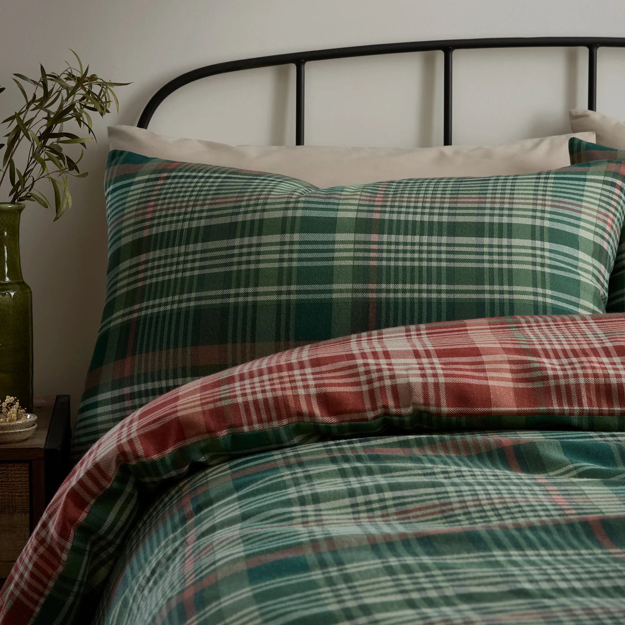 D & D Bennet Check Brushed Cotton Duvet Cover Set - Green