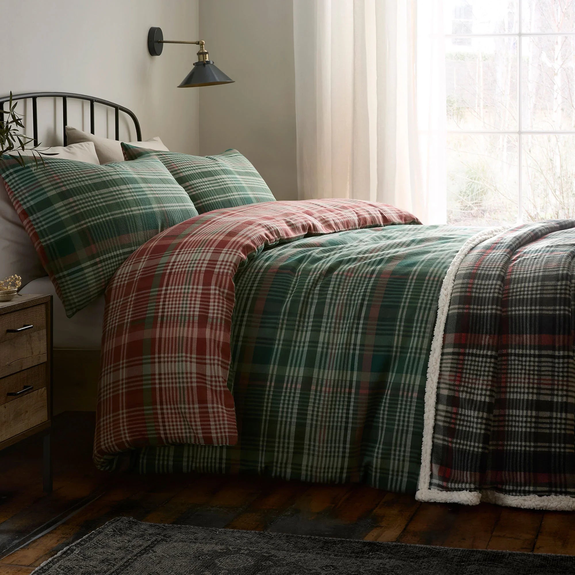 D & D Bennet Check Brushed Cotton Duvet Cover Set - Green