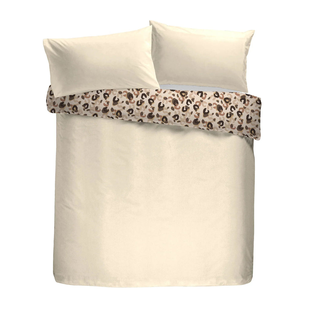 Fusion Snug Cosy Leopard Sherpa Reverse Duvet Cover Set - Natural