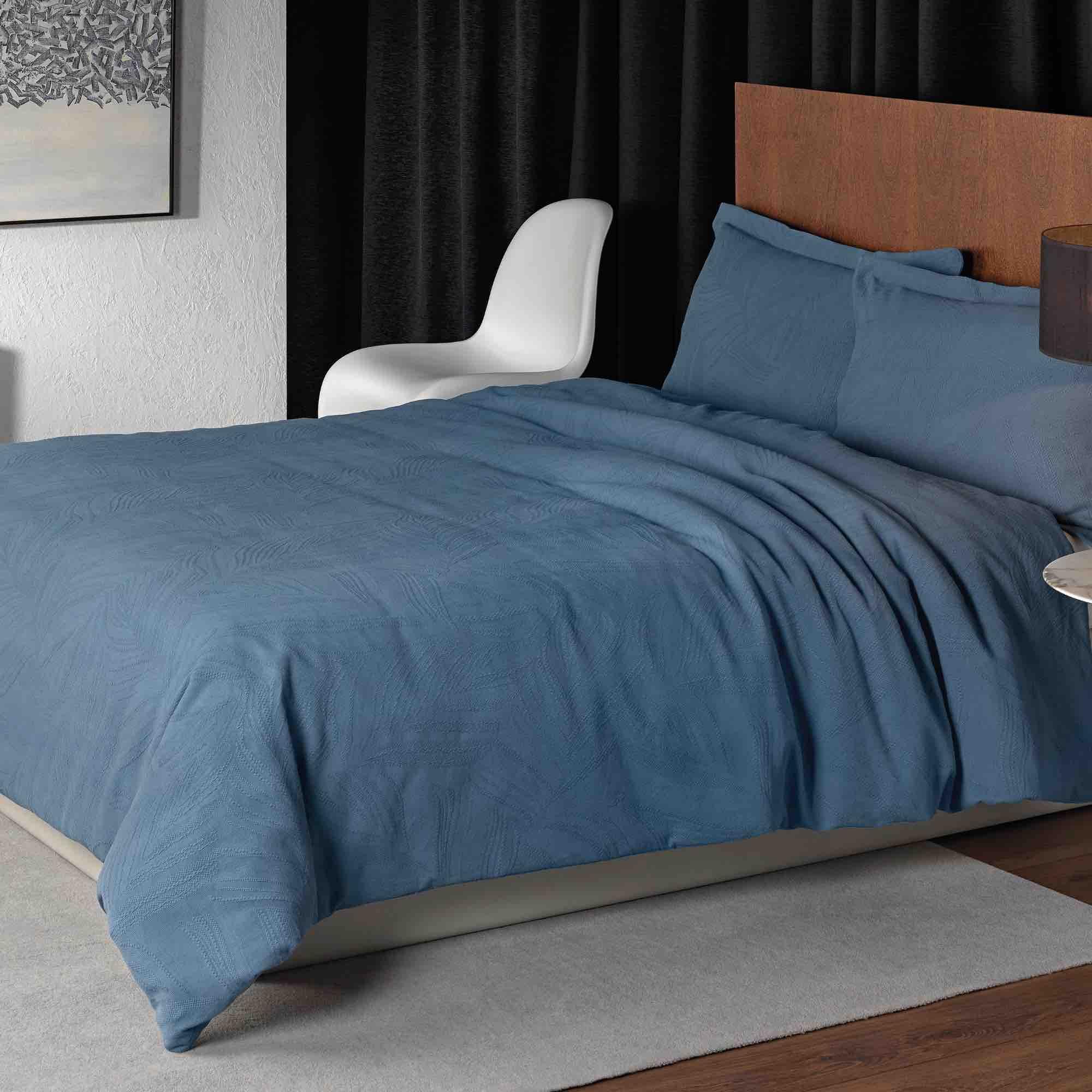 Linen Leaf Stonewash Duvet Cover Set - Denim