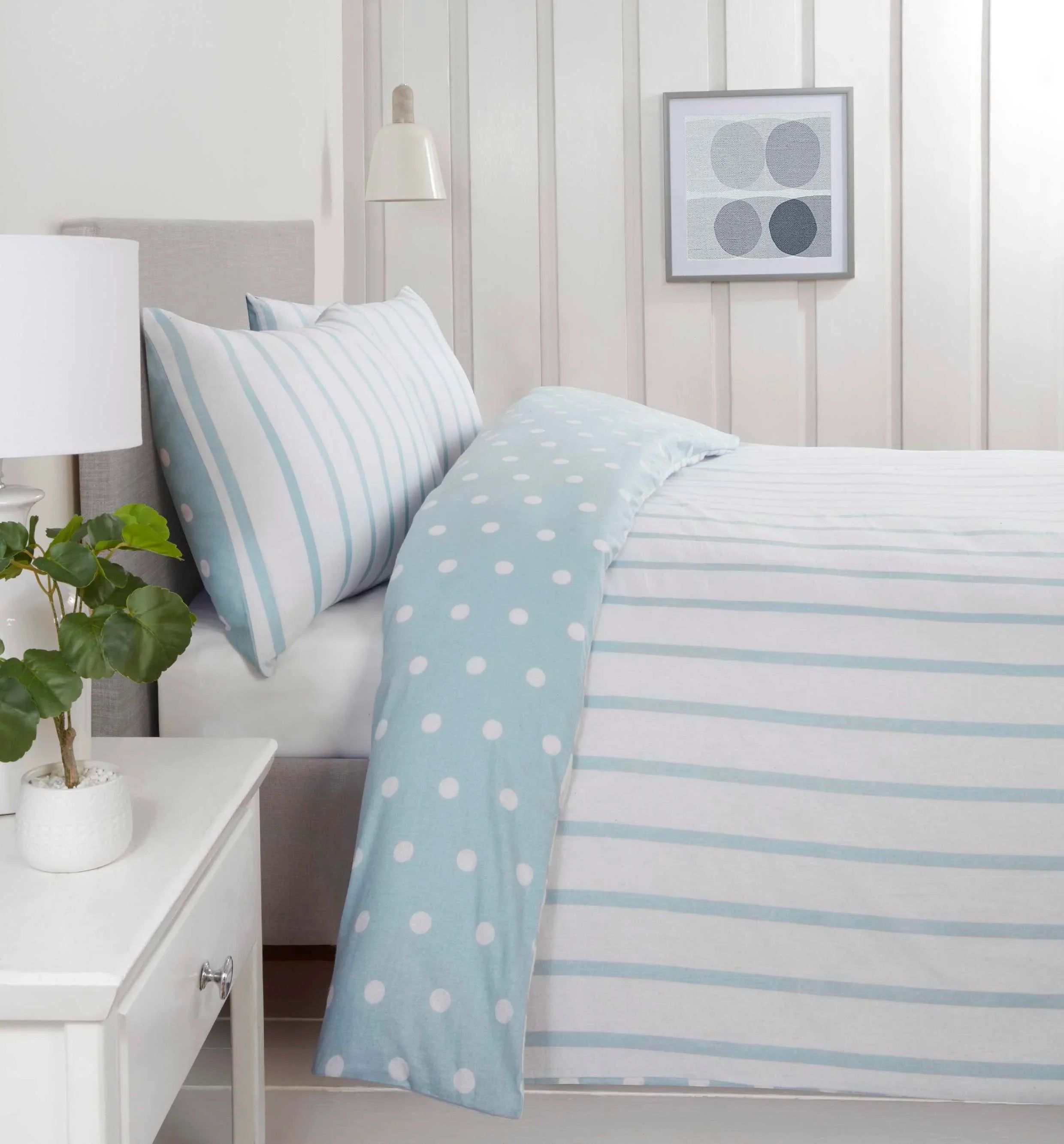 Spots & Stripes Brushed Duvet Cover Set - Duck Egg