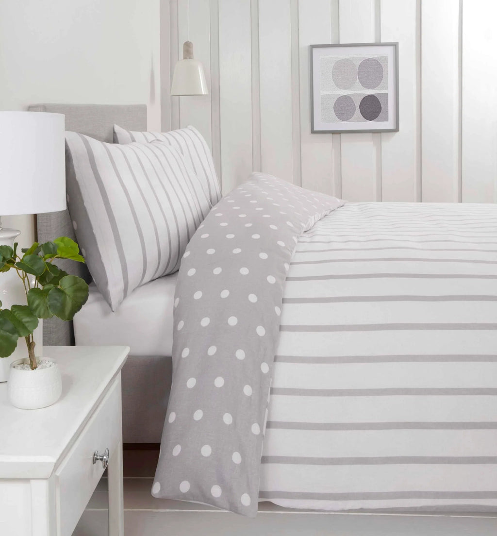 Spots & Stripes Brushed Duvet Cover Set - Grey
