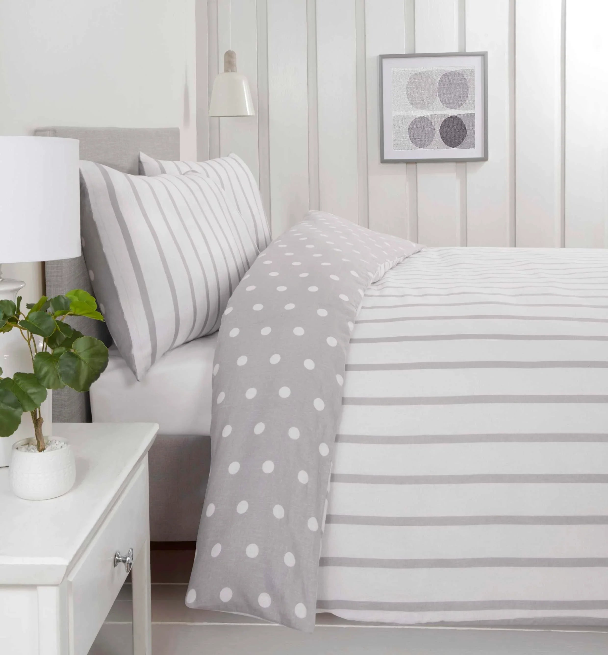 Spots & Stripes Brushed Duvet Cover Set - Grey
