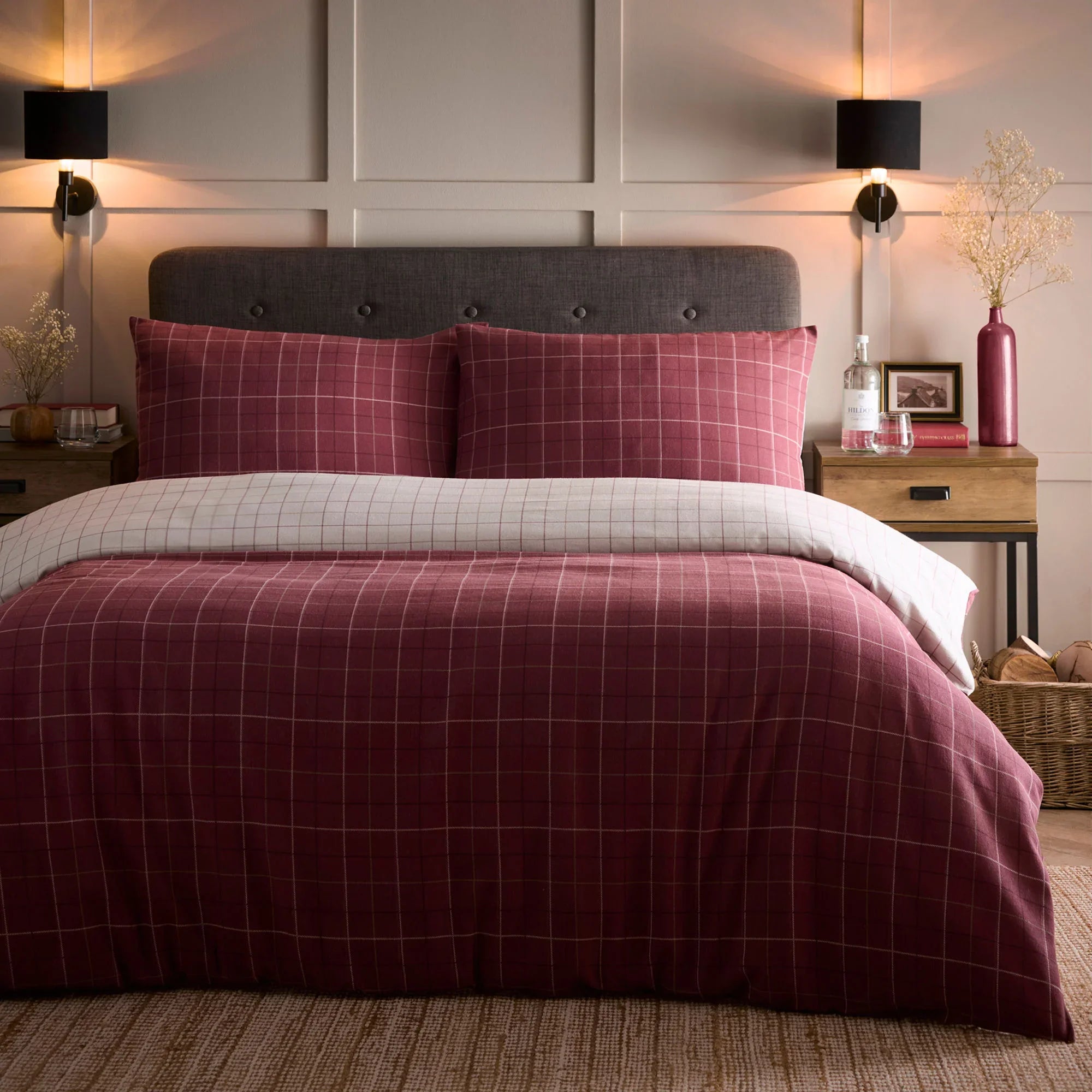D & D Wynn Brushed Cotton Duvet Cover Set - Burgundy